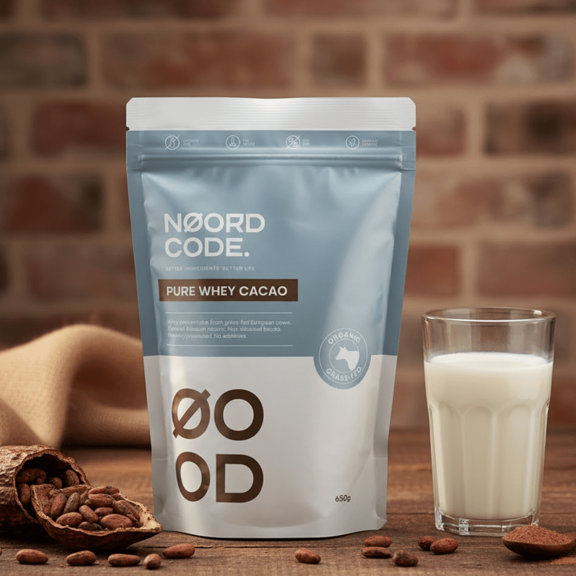 Balení NoordCode Bio syrovátkový protein kakao na světlém pozadí